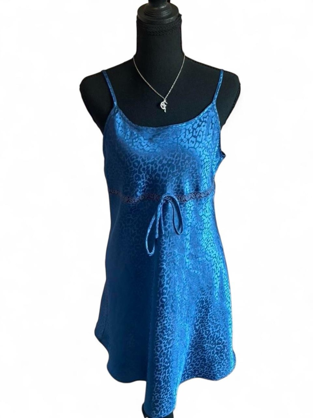 Delicate Treasures Blue Satin Leopard-Print Slip Dress, Size Small
